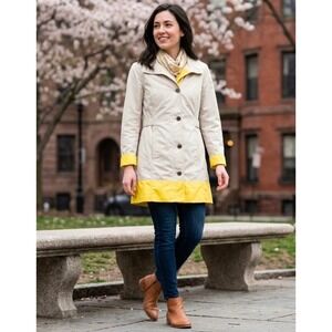 Eddie Bauer Women Beige Yellow Colorblock Trench Coat Jacket Small Cotton Blend